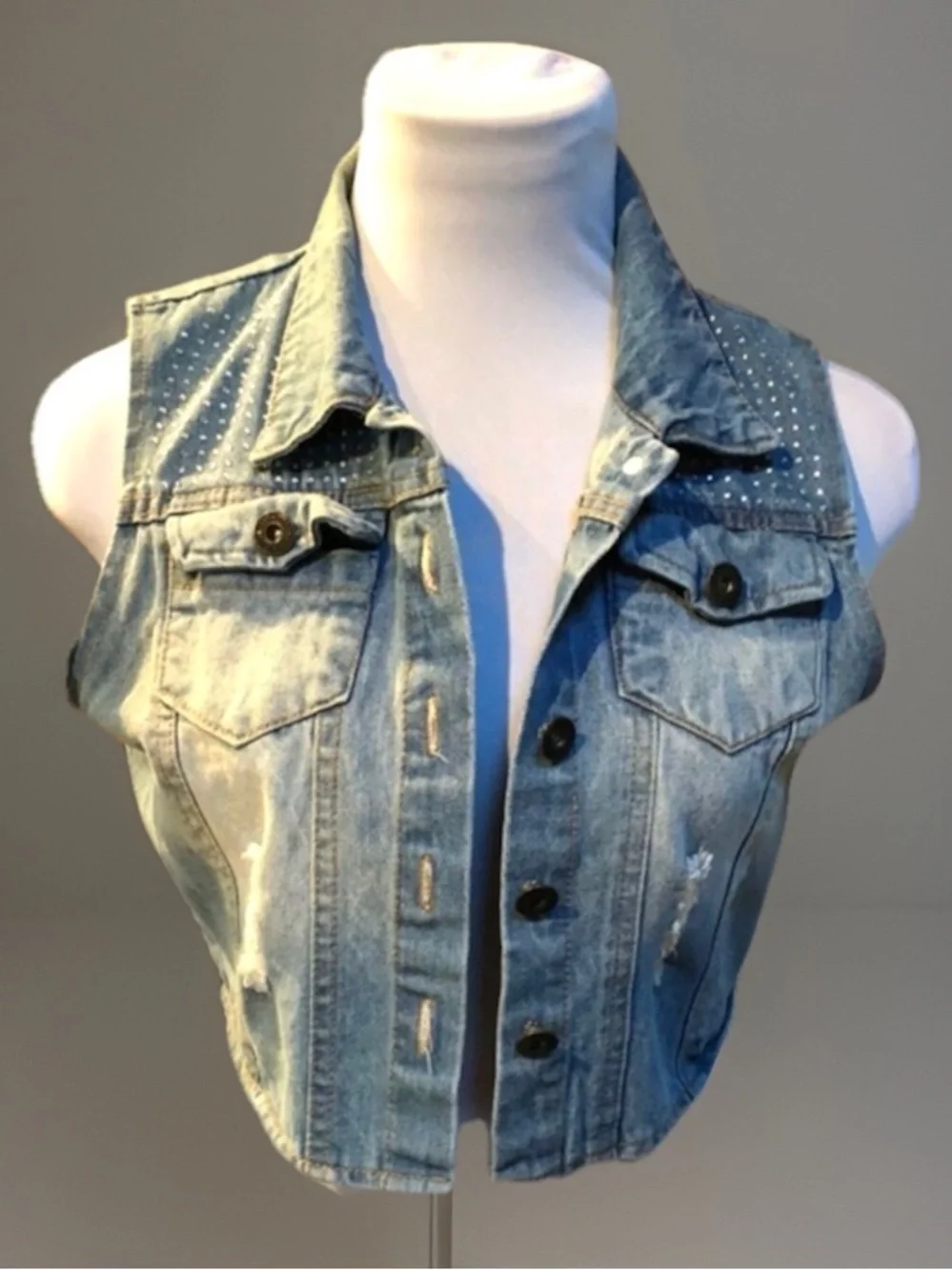 Light Blue Destroyed Cropped Jean Vest Top
